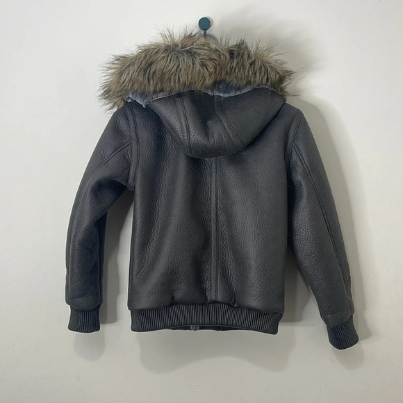 Robert Phillipe Gray Faux Leather Kids Coat Jacket with Fur Hood Size 12 - Picture 6 of 7